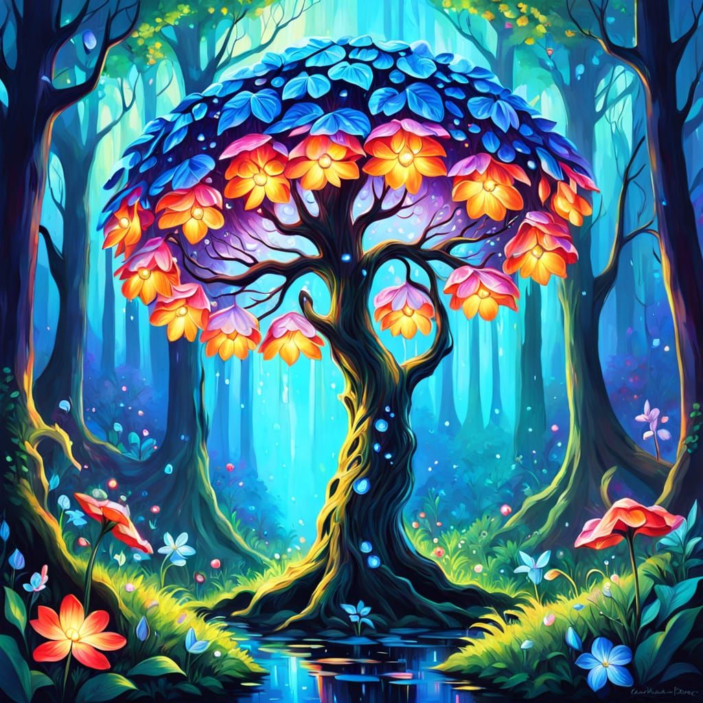 Enchanted Glowing Flower in Magical Forest Oil Painting