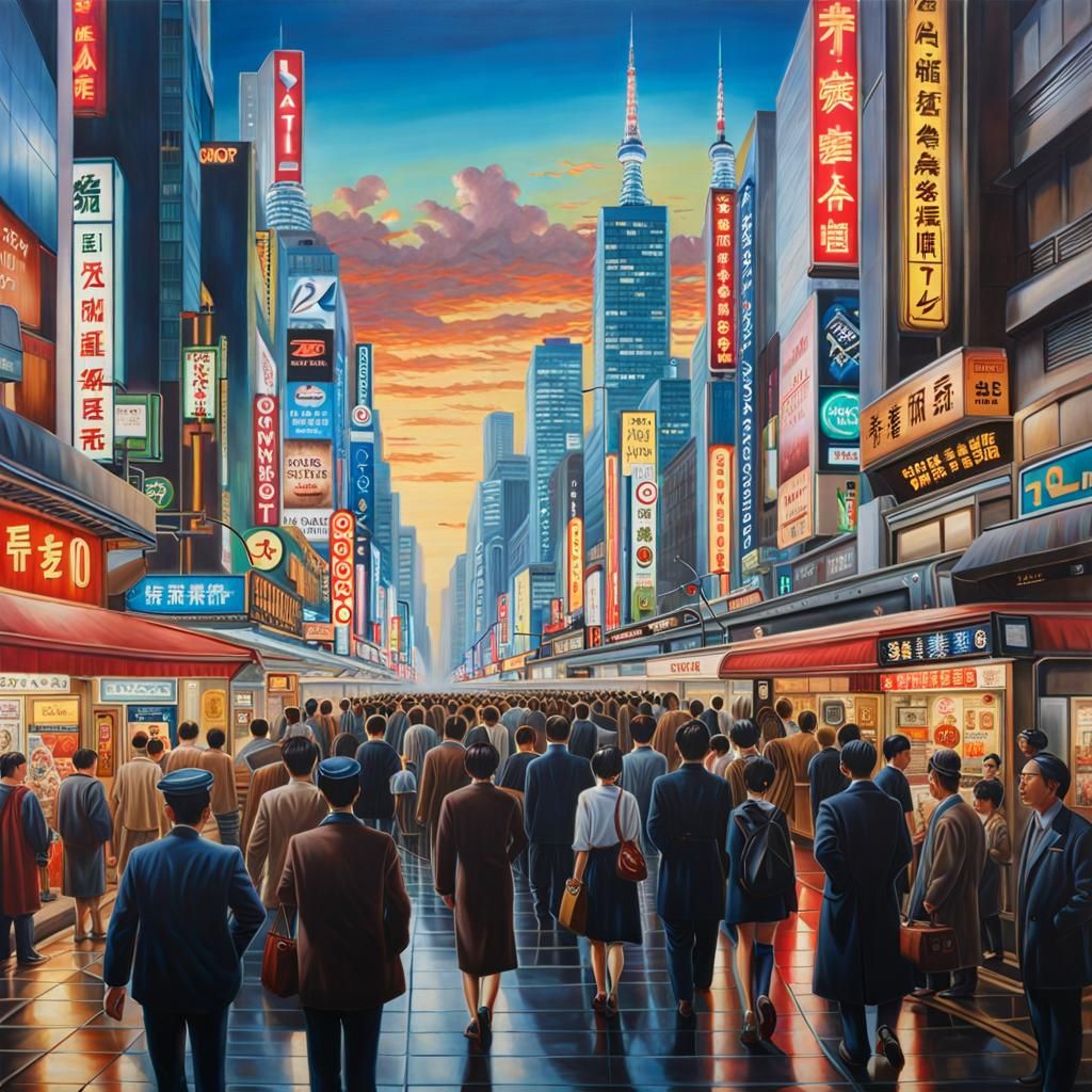 Happy Workers in a Retro-Futuristic Tokyo Utopia