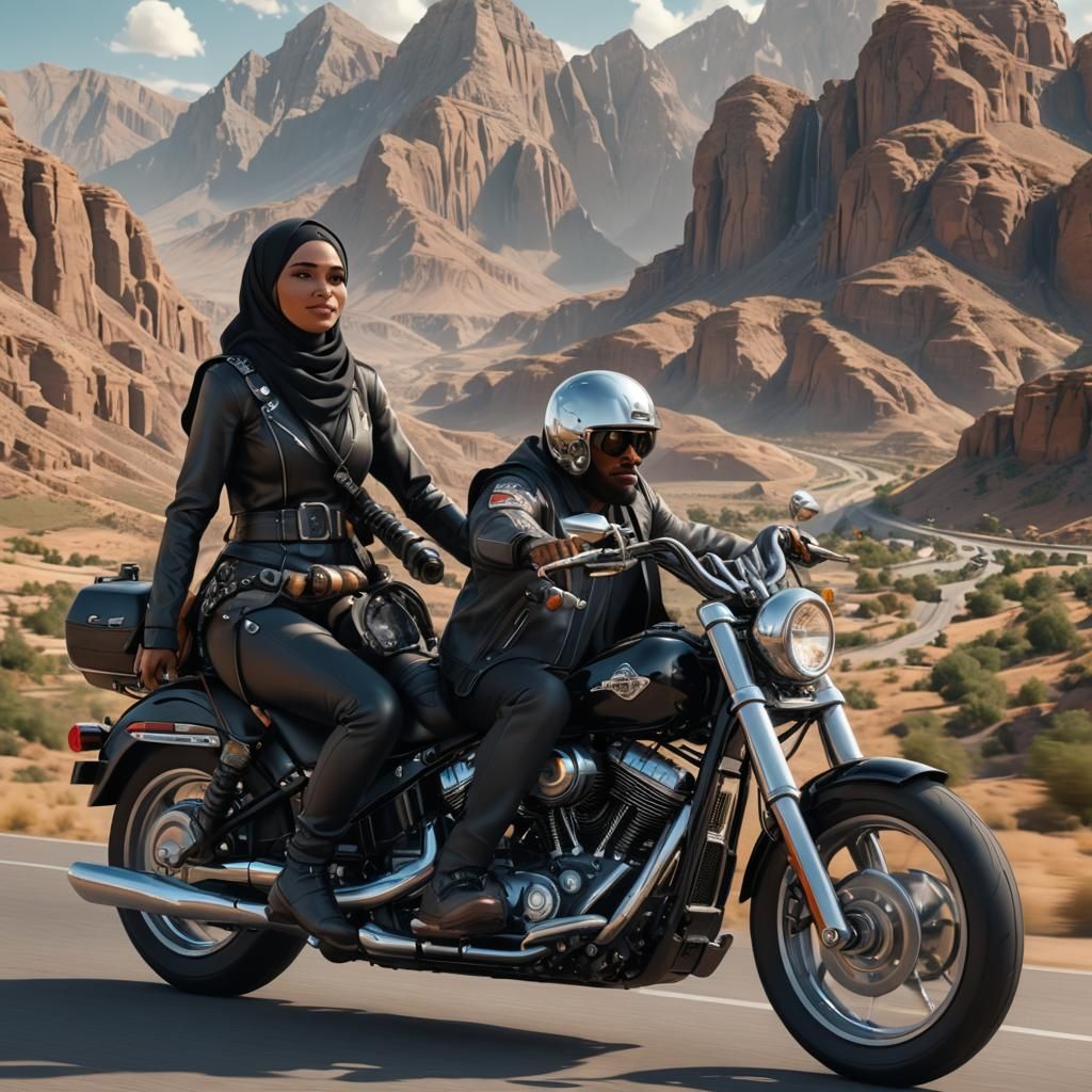 Futuristic Caricature: Man and Woman on Motorcycle