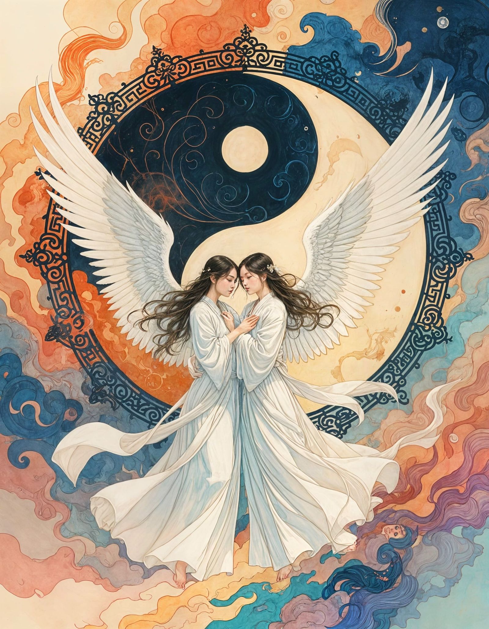 Angels Embrace Before Yin Yang Symbol in Watercolour
