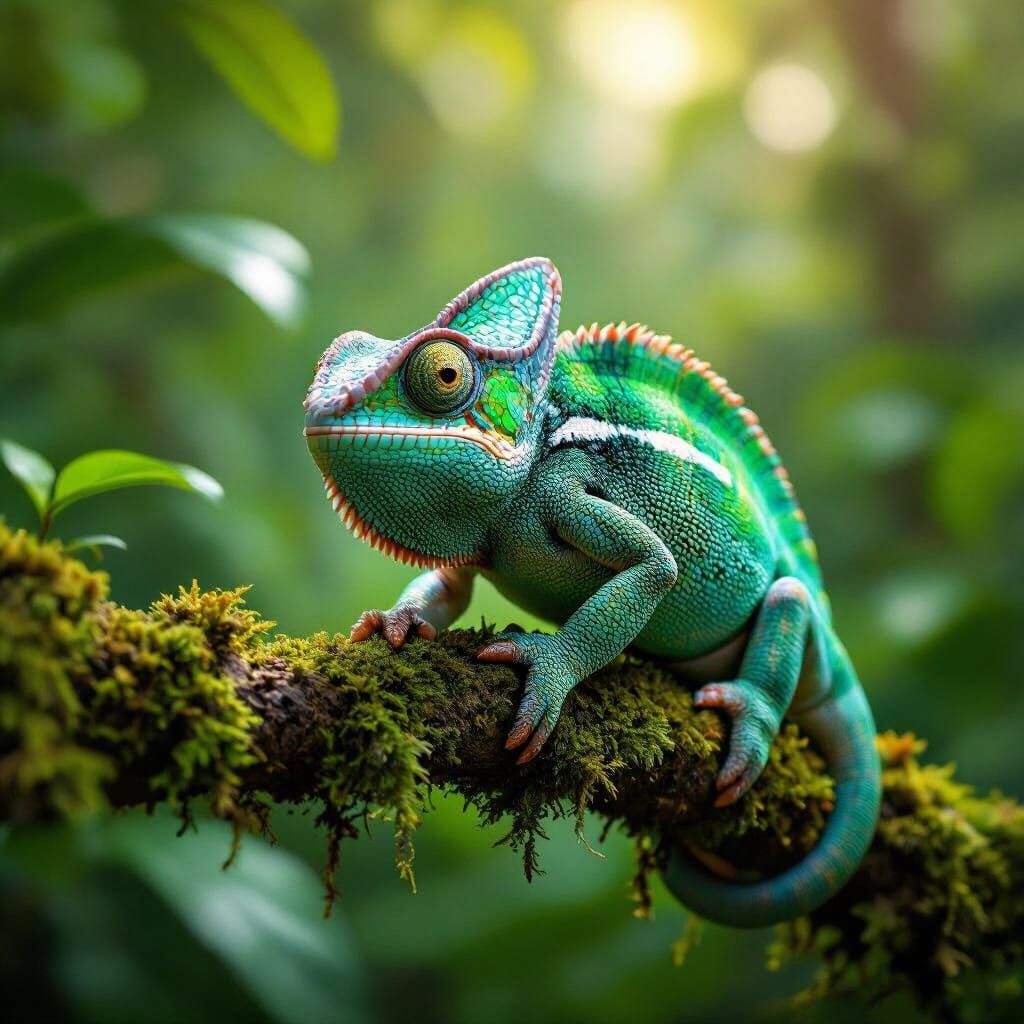 Hyperrealistic Chameleon Hunts Butterfly on Mossy Branch