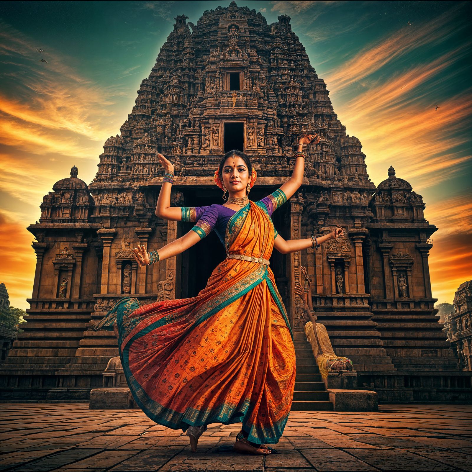 Mythical South-Indian Temple Dancer in Vibrant Style