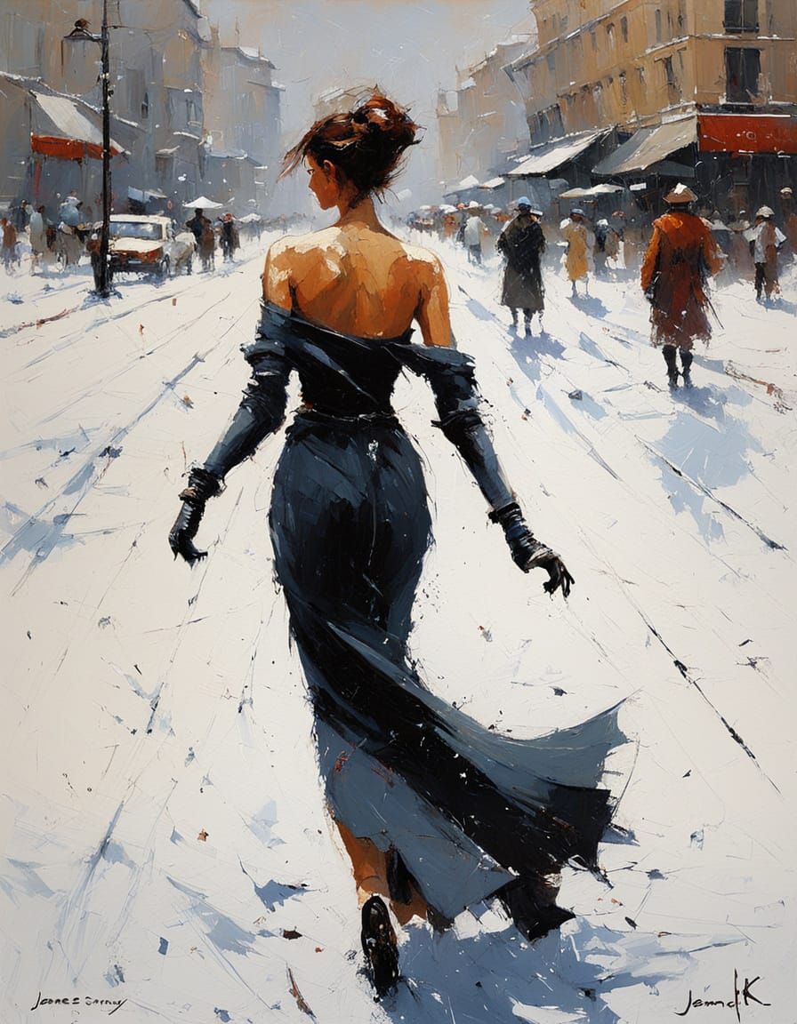 Elegant Snowfall in Motion, Oil Painting