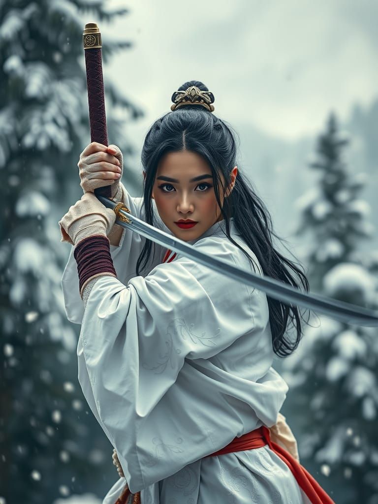 Japanese Warrior Woman with Sword in Snowy Forest
