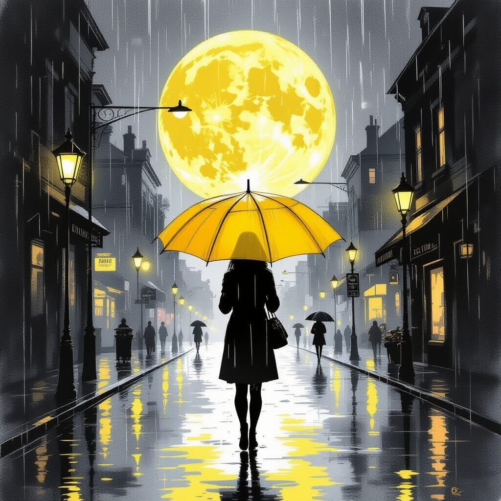 Rainy Street with Yellow Umbrella: Charcoal Drawing
