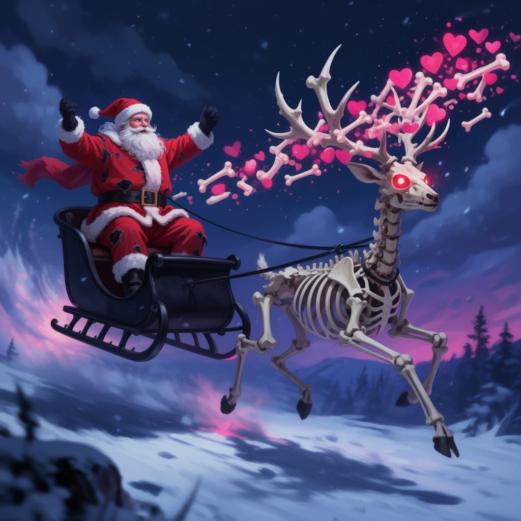 Skeleton Reindeer Pull Santa on Black Sled