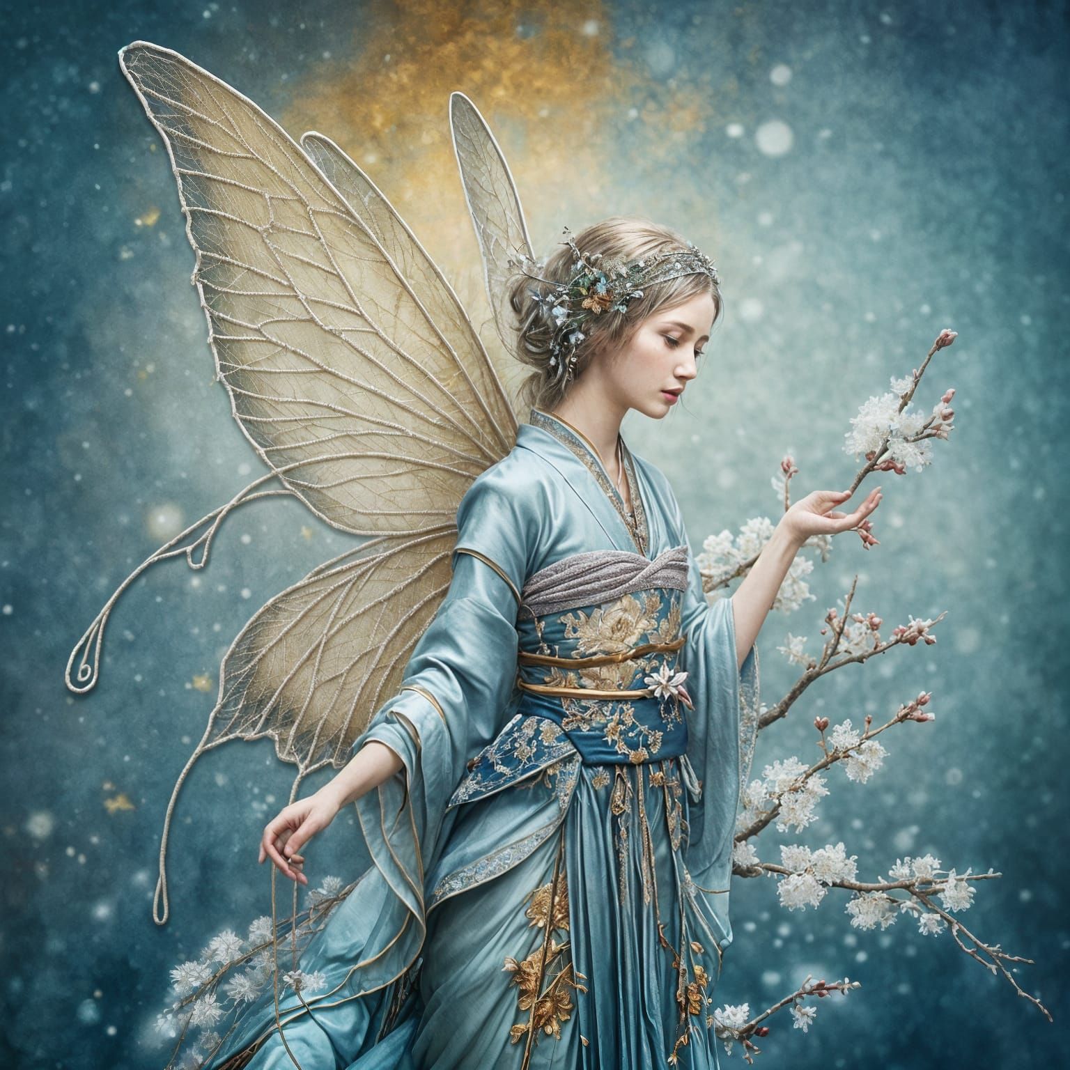 Fairy in Silk Outfit with Silver Threads