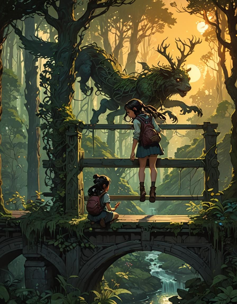 Enchanting Dark Fantasy Forest Scene in Art Nouveau Style