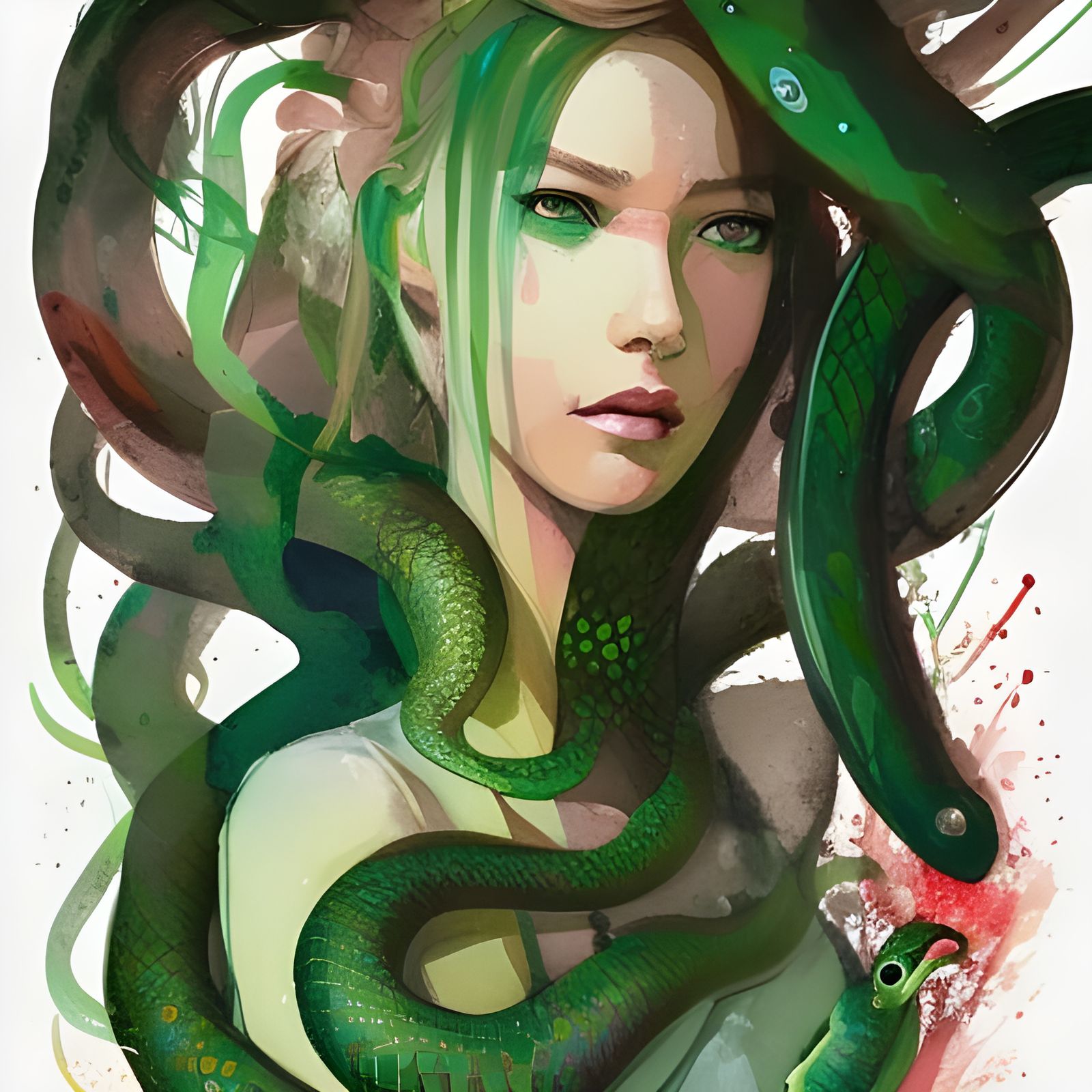 Medusa with Snake Hair, Gouache and Watercolor Art