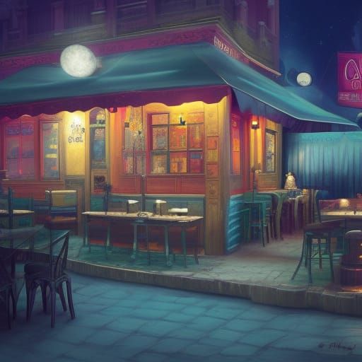 Fantastical Night Cafe: Detailed Matte Painting