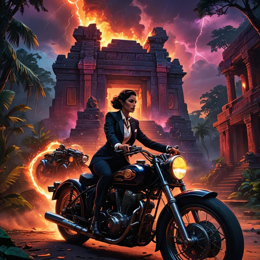 Motorbike Ride Before Mayan Temple: Retro-Futuristic Concept...