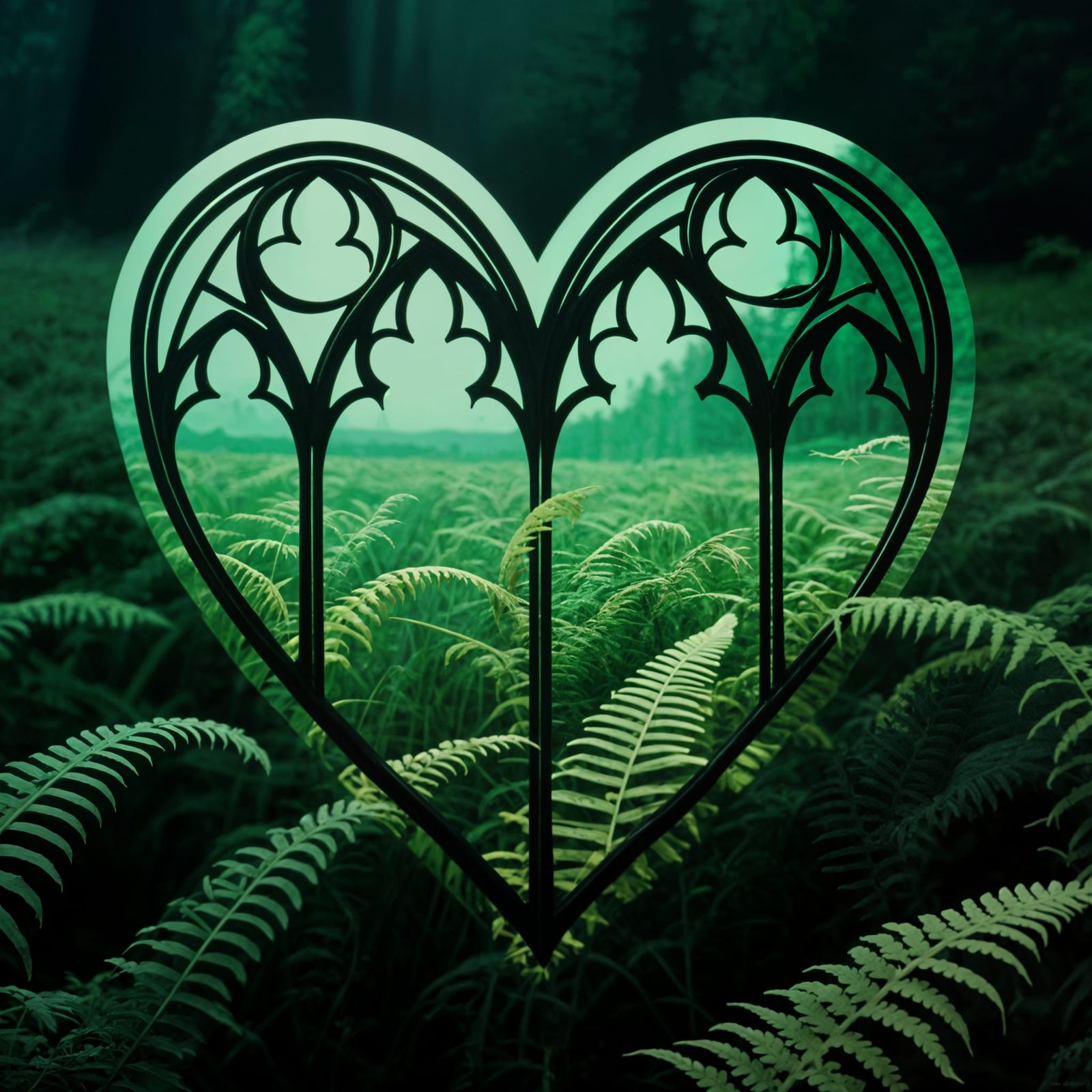 Art Nouveau Gothic Heart Over Ferns