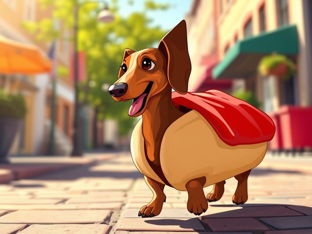 Happy Dachshund Hot Dog Animated Street Scene