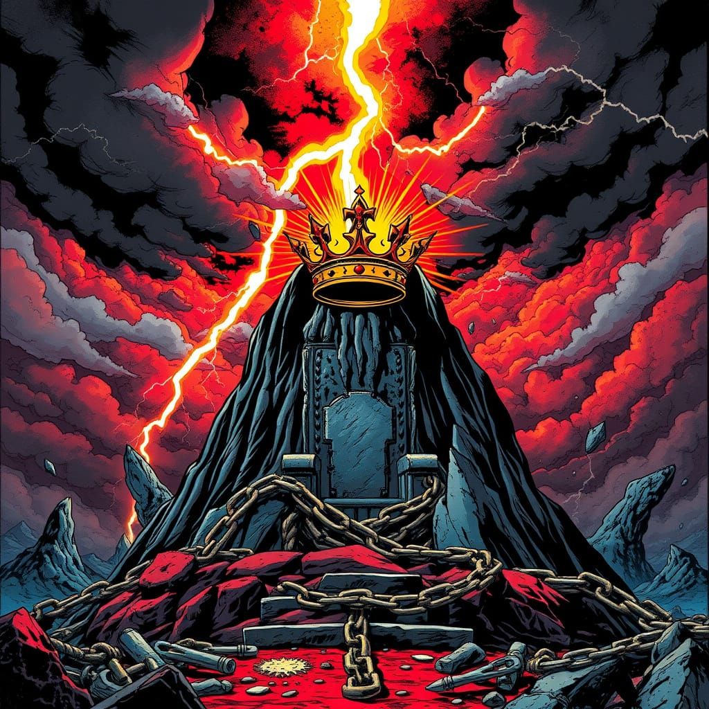 Apocalyptic Throne with Crown in High-Contrast Style