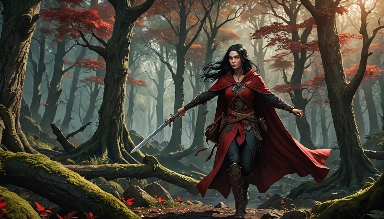 Half Elf Warrior in Ancient Forest, Fantasy Art