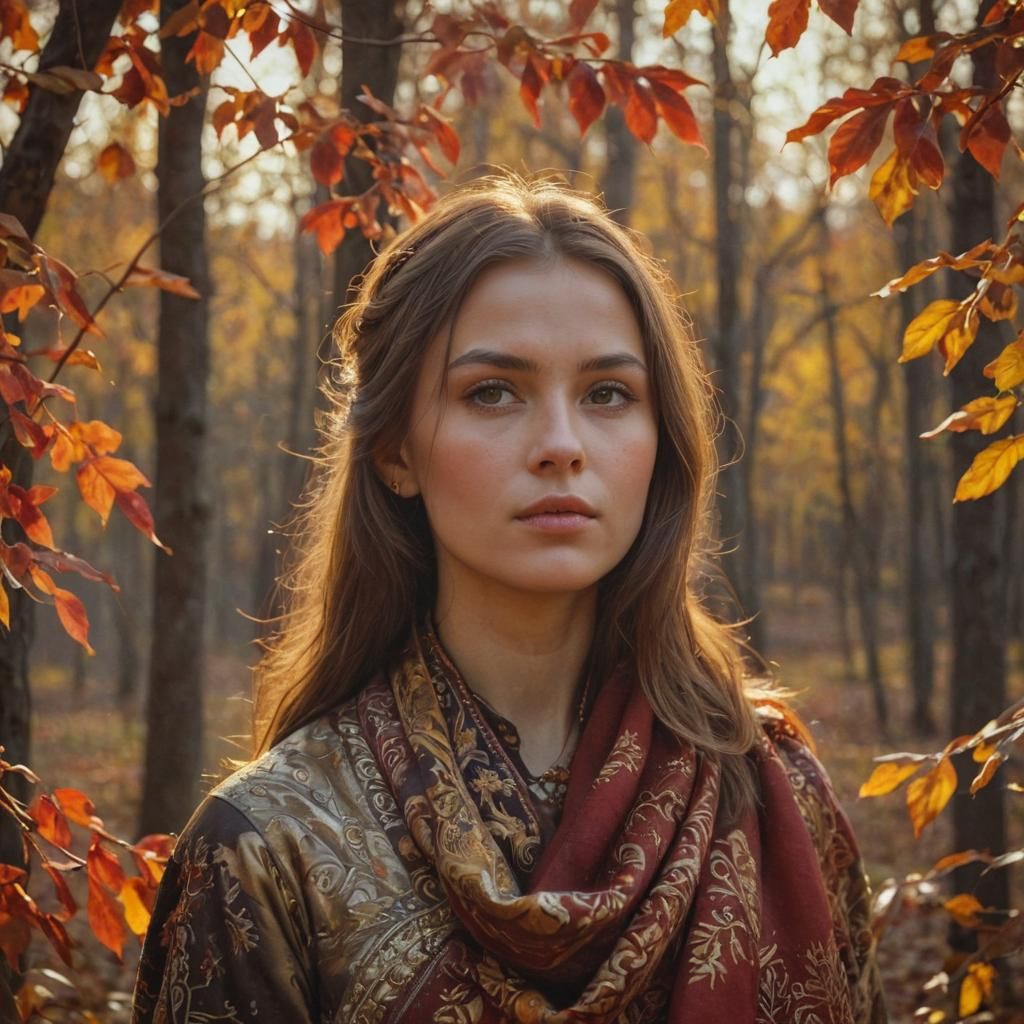 Slavic Woman in Autumnal Light, Oil Painting