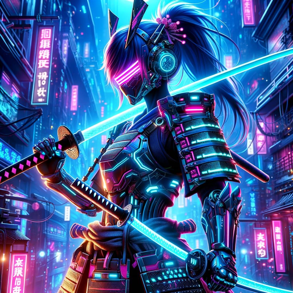 Cyber Samurai in Futuristic Tokyo: Anime-Style 8K Wallpaper