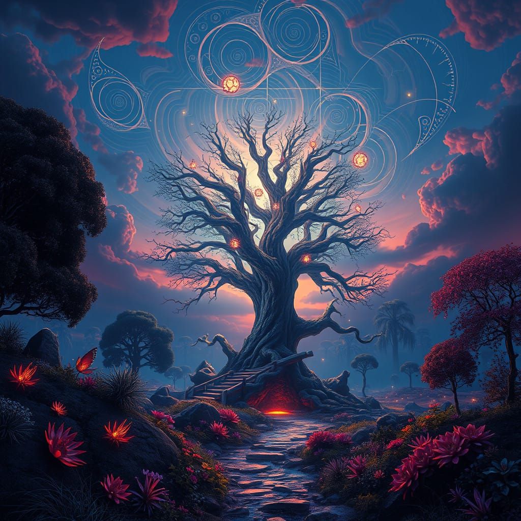 Ethereal Dusk Realm with Glowing Tree and Vibrant Fauna