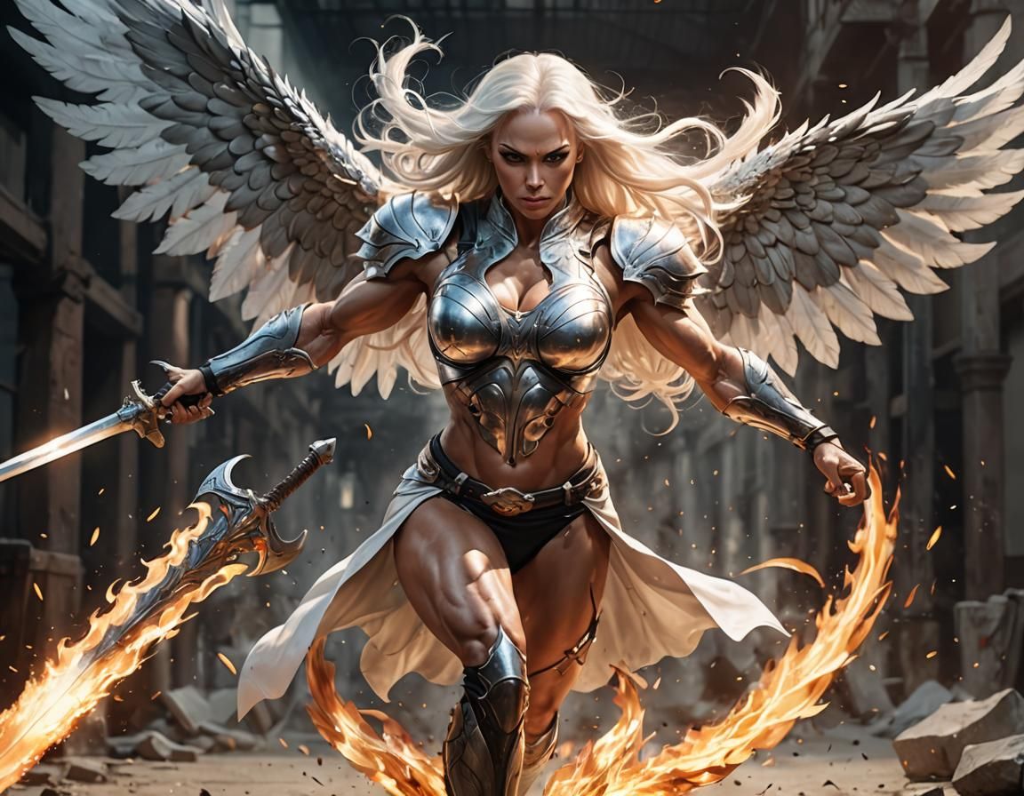 Winged Bodybuilder Wields Flaming Sword