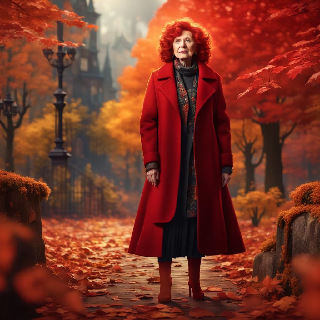 Red-Haired Woman in Autumn Landscape: Detailed Matte Paintin...