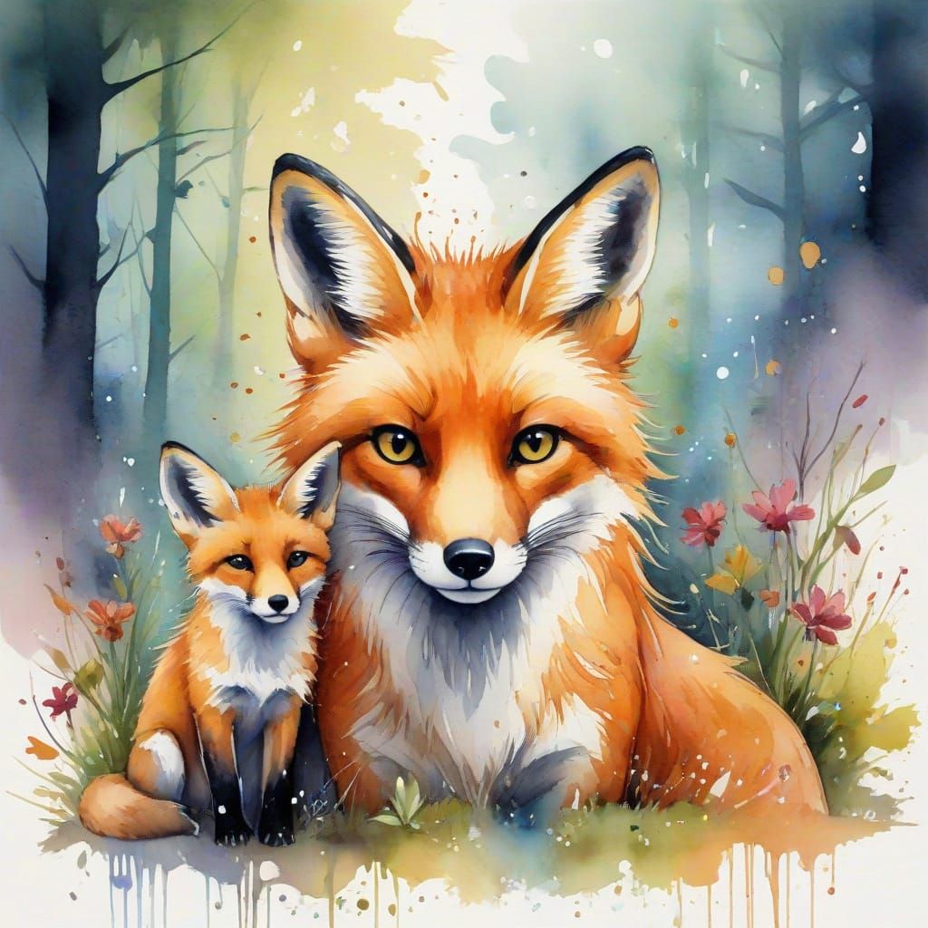 Fox and Cubs in Enchanted Forest Watercolor