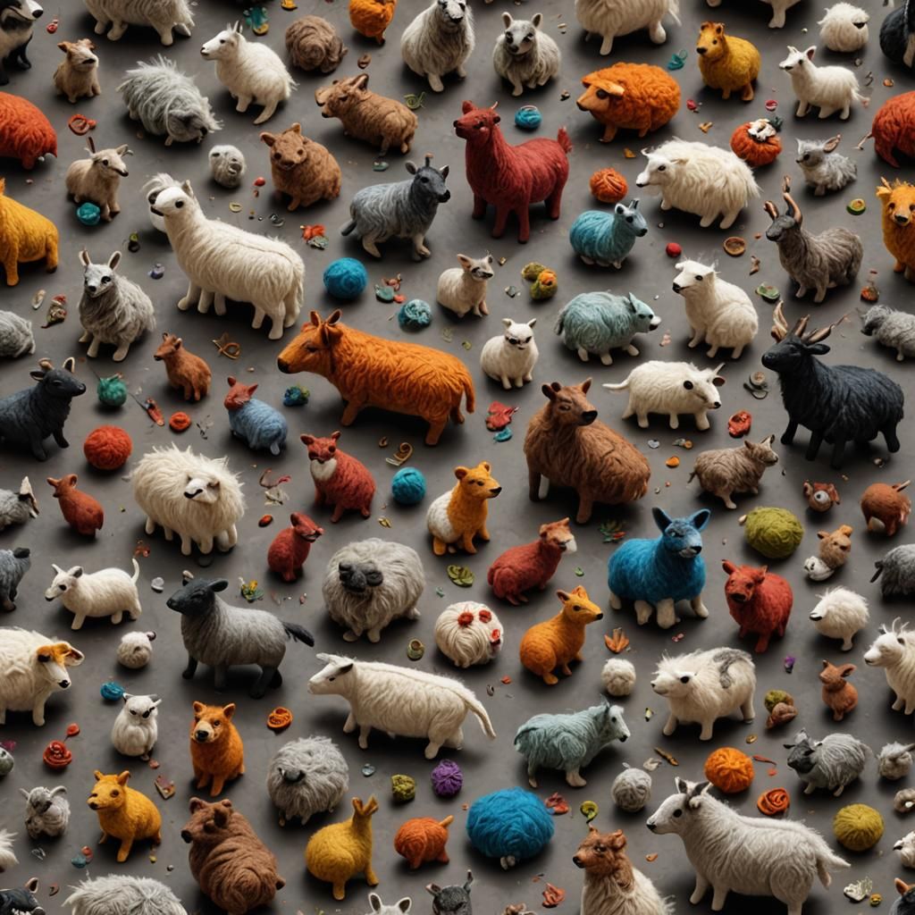 Wool Felted Animals on Table: Detailed Matte Painting