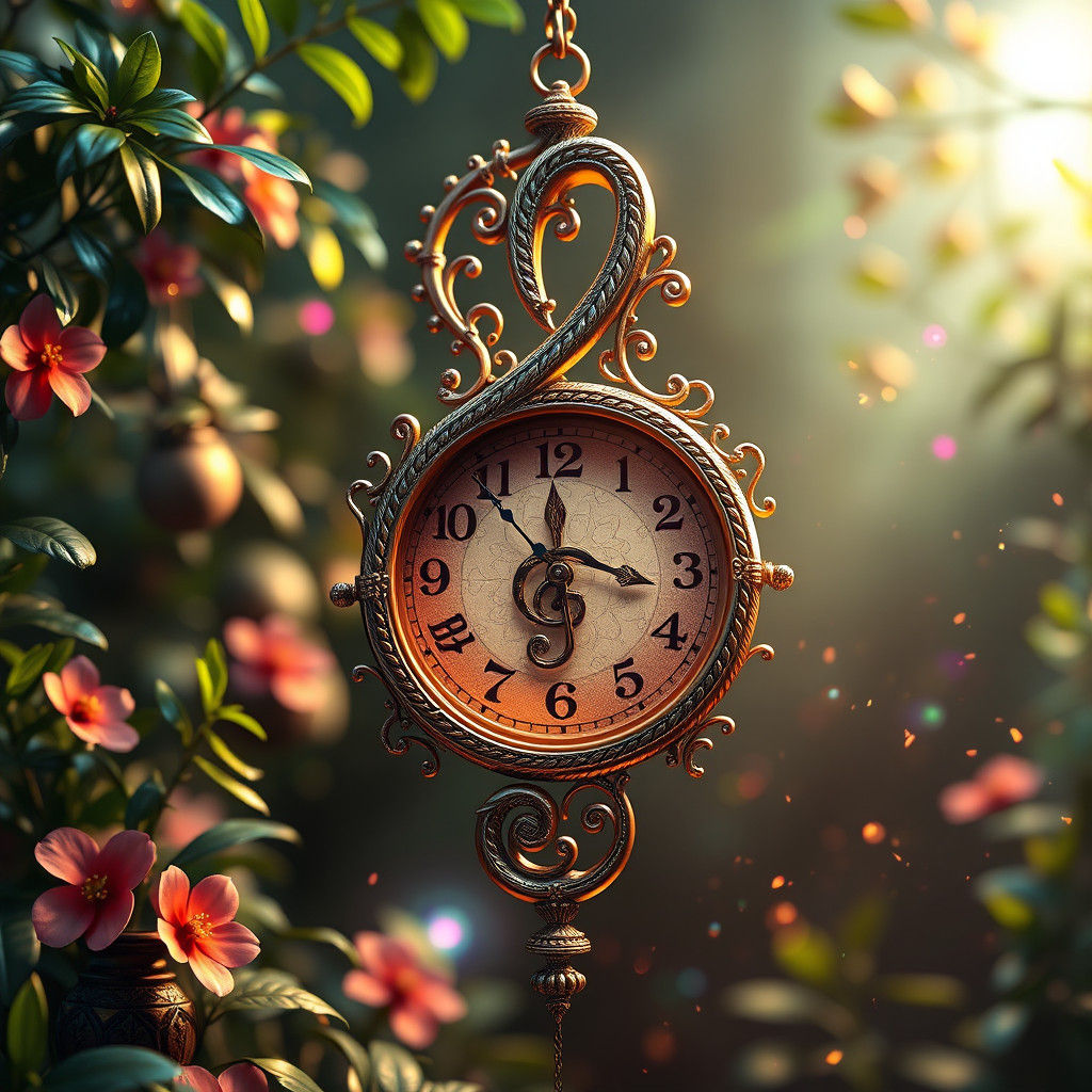 Ornate Treble Clef Clock in Dreamlike Setting