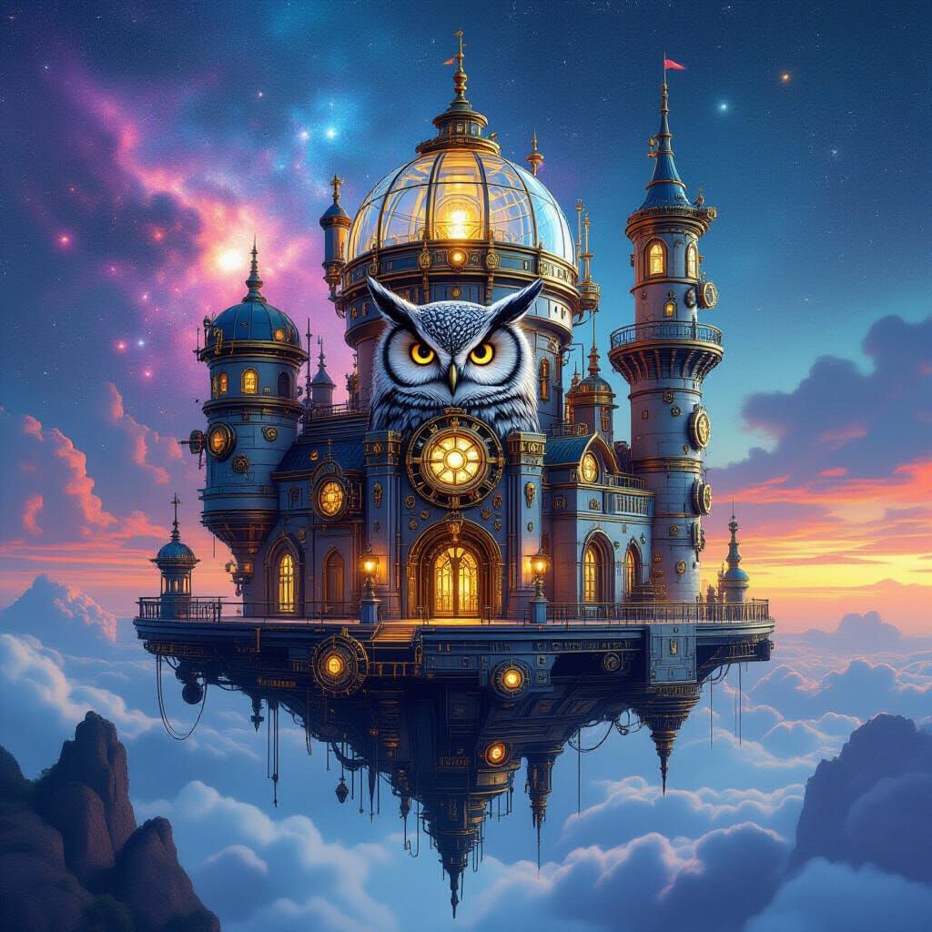 Steampunk Owl Castle in Nebula, Matte Painting Style