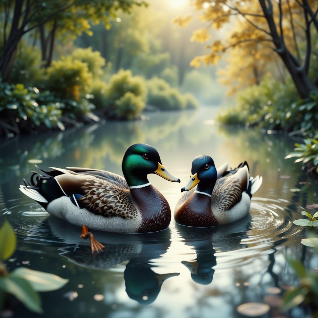 Dreamy Mallard Ducks in Lush Pond Enchantment
