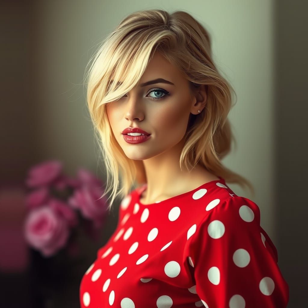 Blonde Woman in Polka Dot Dress: Realistic Portrait
