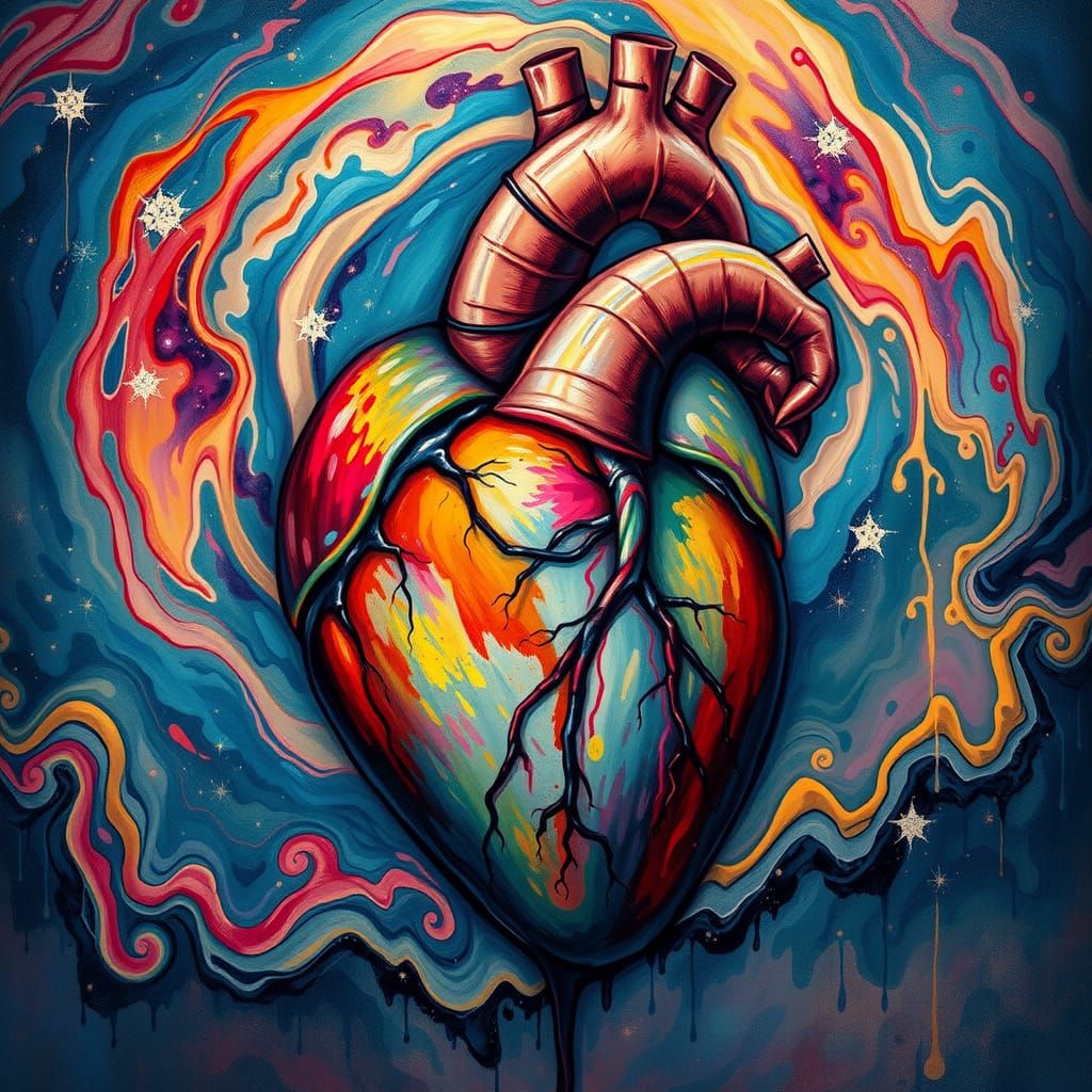Vibrant Anatomic Heart in Watercolor Cosmos