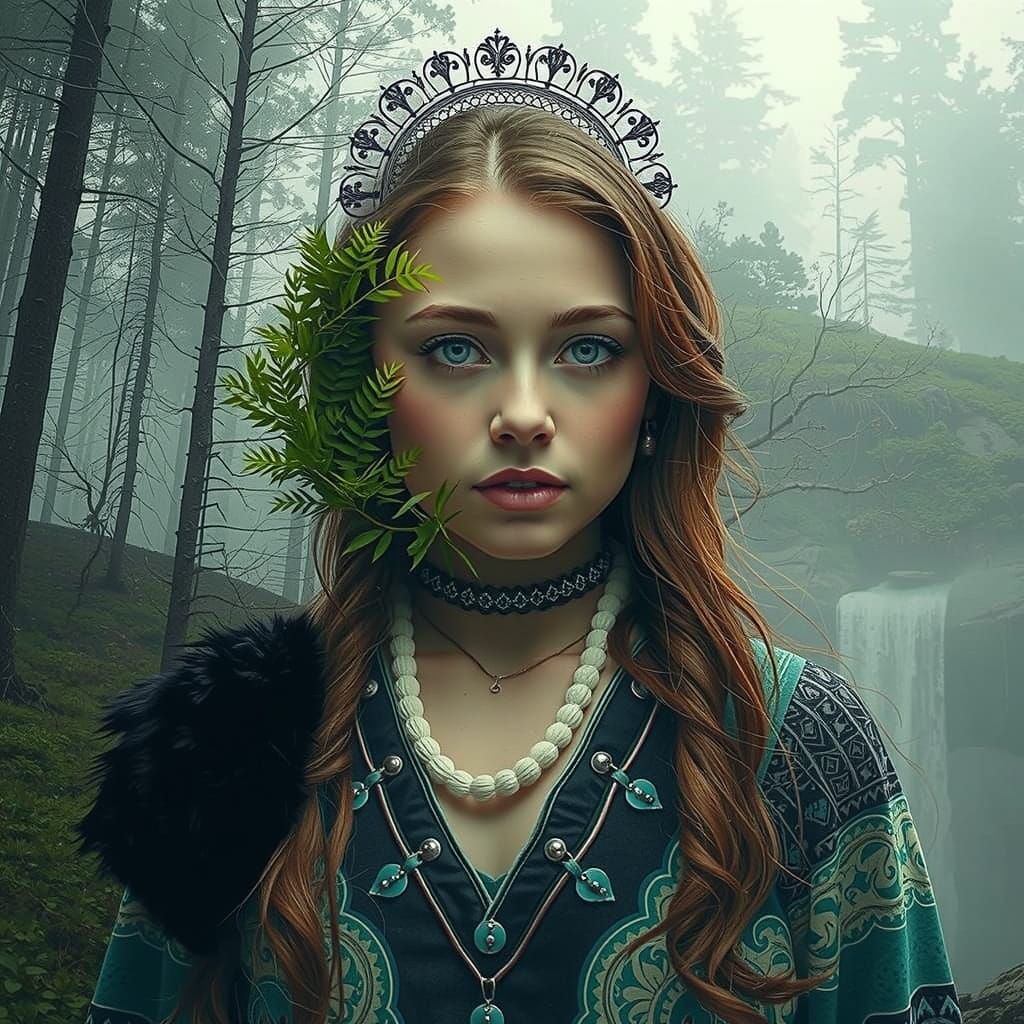 Slavic Tribal Goddess in Triumphant Forest Landscape