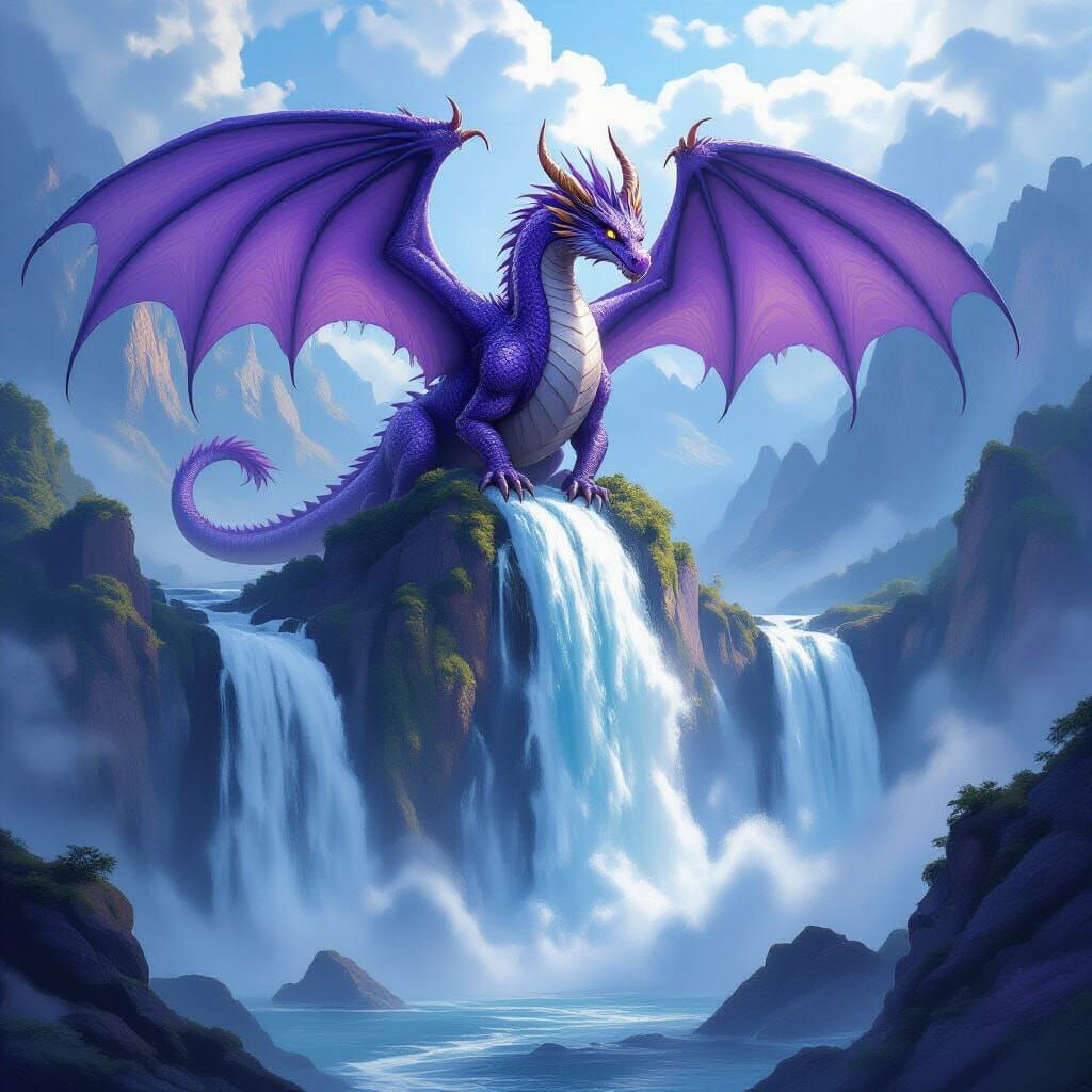 Purple Dragon Flight Above Waterfall Landscape