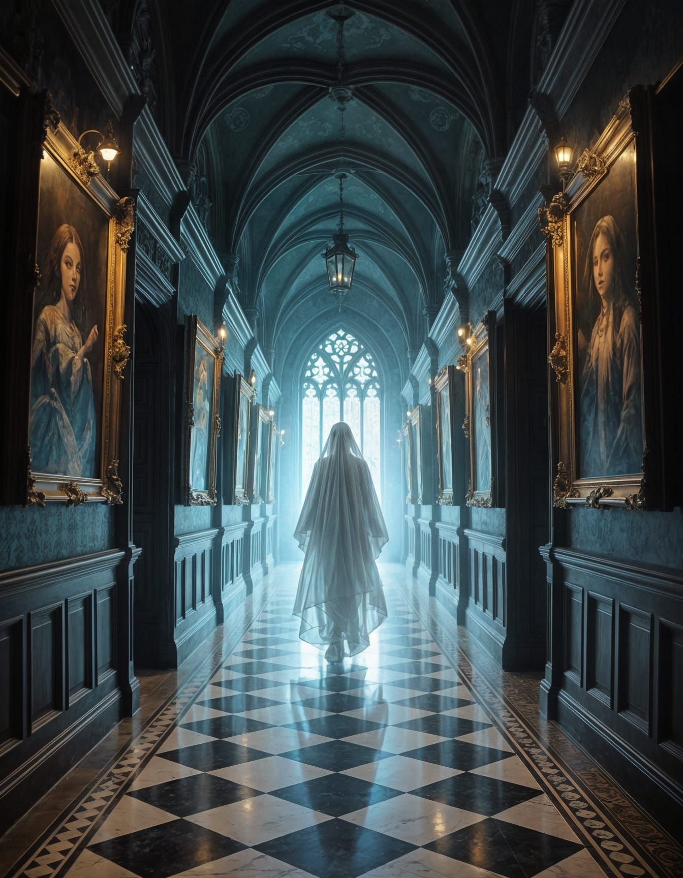 Ethereal Apparition in a Gothic Hallway
