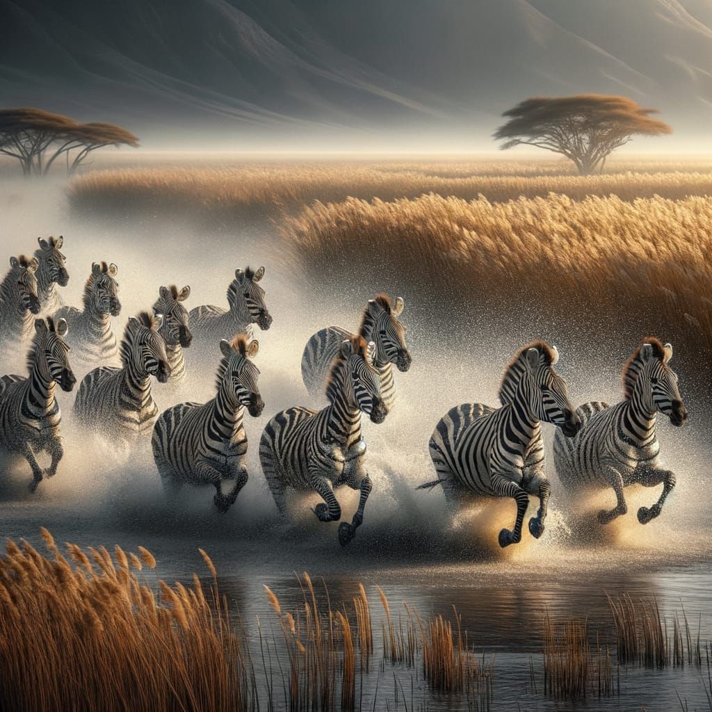 Zebras Gallop Through Flooded African Plains in HDR