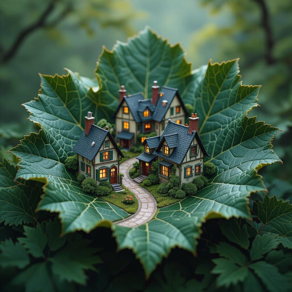 Miniature Village on Oak Leaf in Cinematic Style