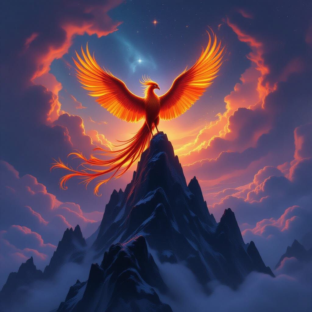 Majestic Phoenix on Crystal Mountain Under Nebula Sky