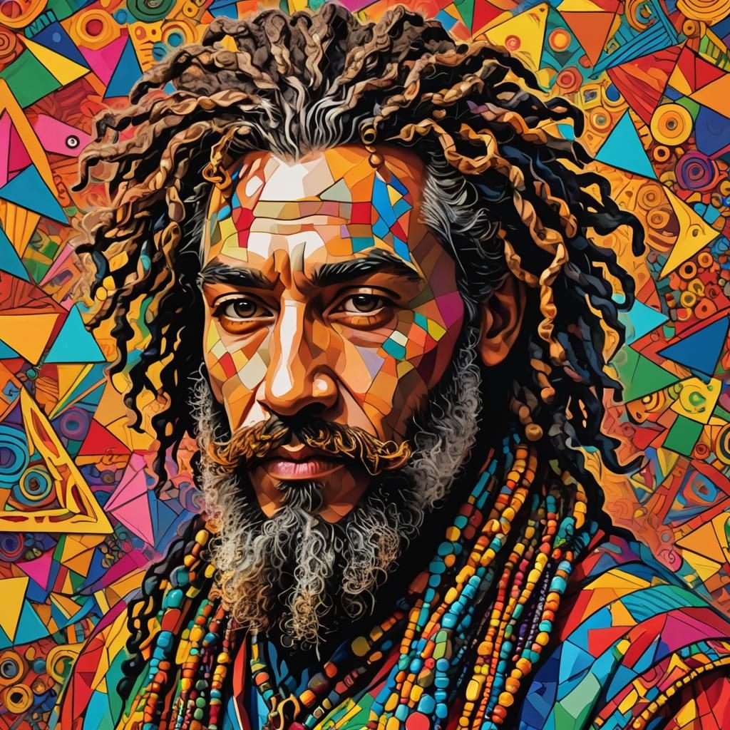 "A man dressed in pop art clothing with a 
long and extravag...