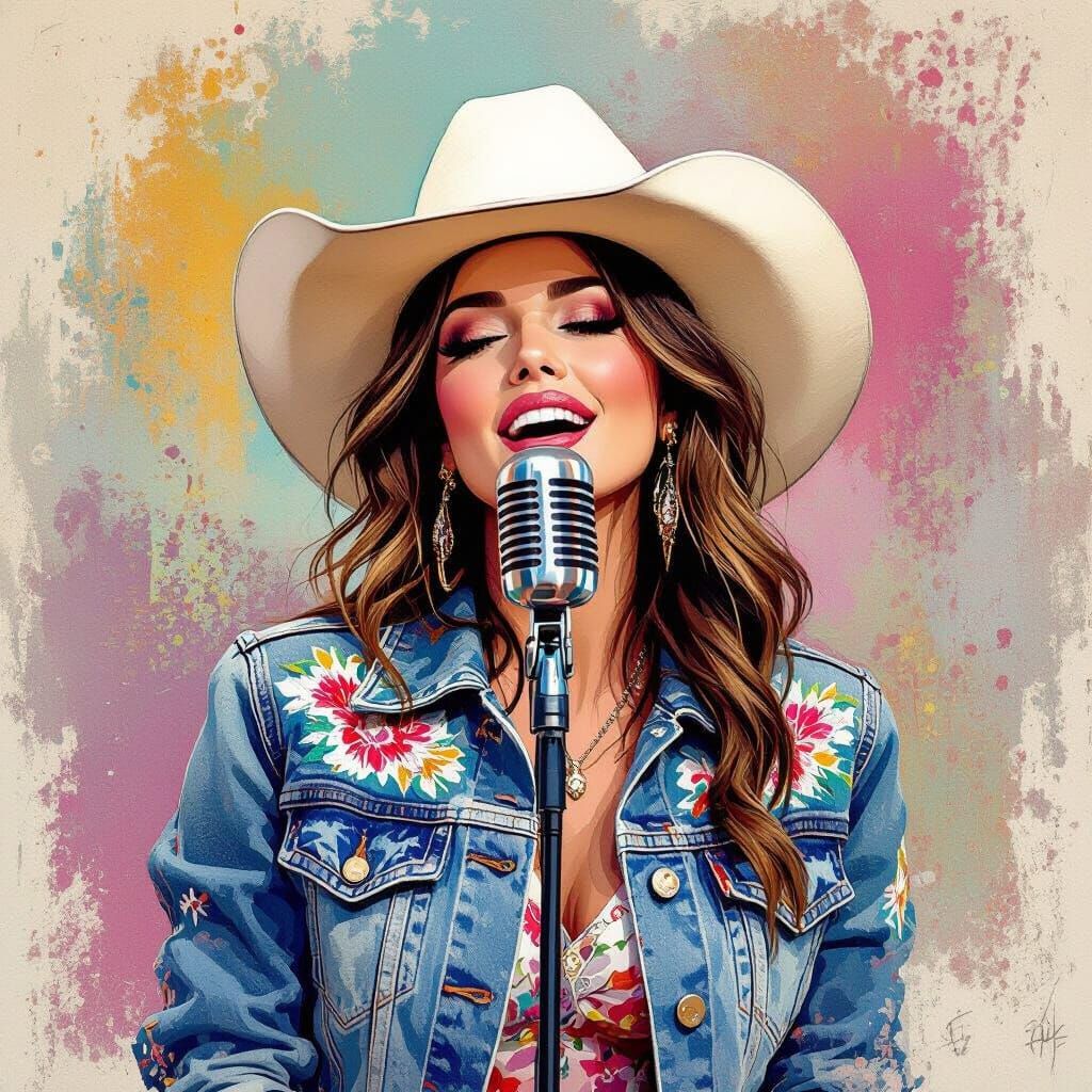 Country Singer with White Hat in Abstract Style