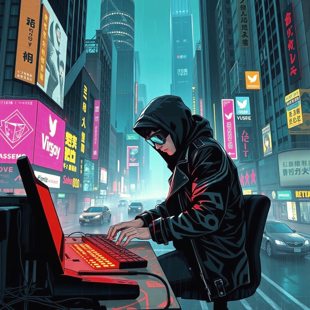 Hacker in Neon Cyberpunk Metropolis: Gritty Dystopian Future