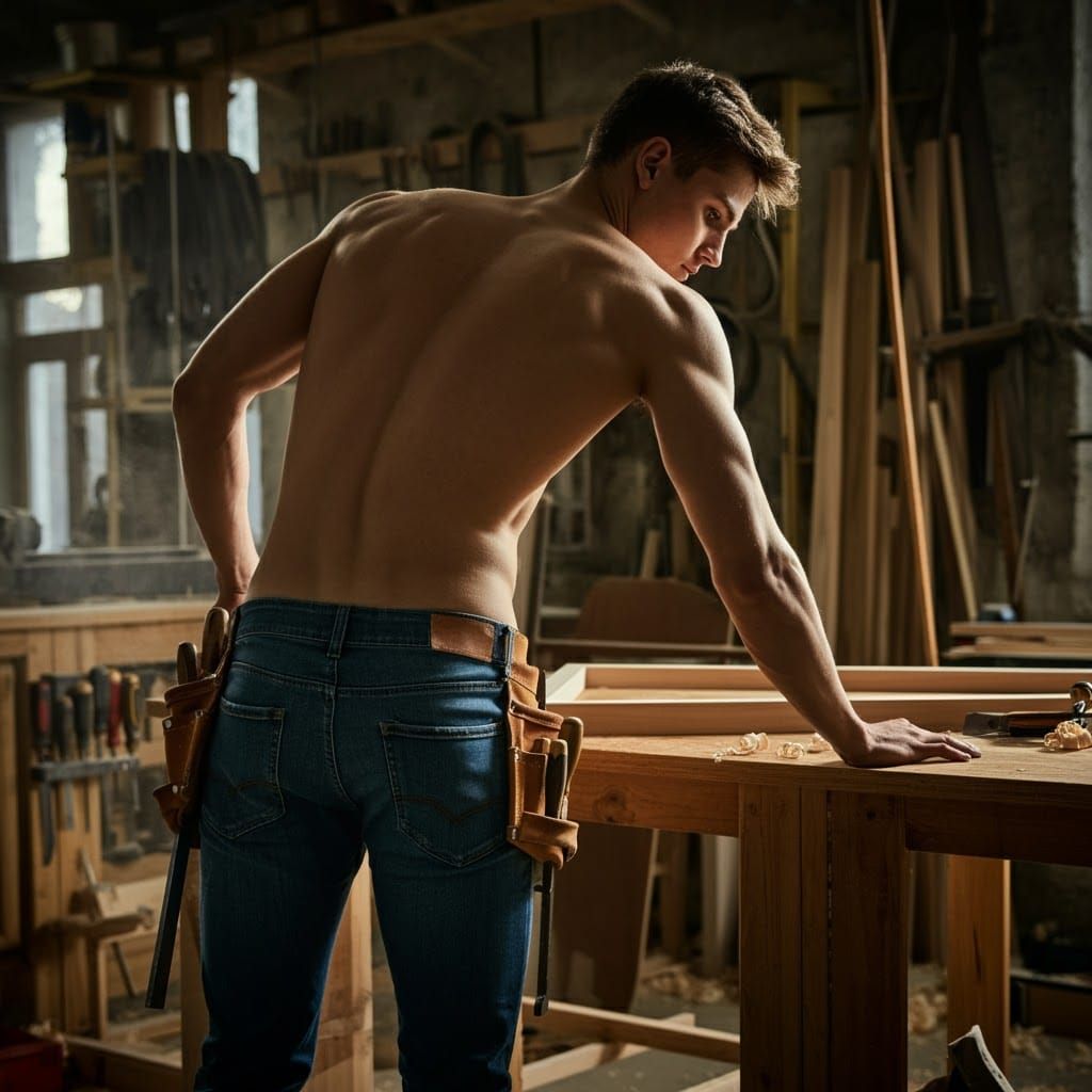 Shirtless carpenter