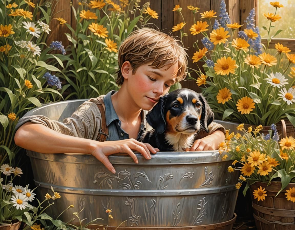 Boy Bathes Dog: Whimsical Folk Art Illustration