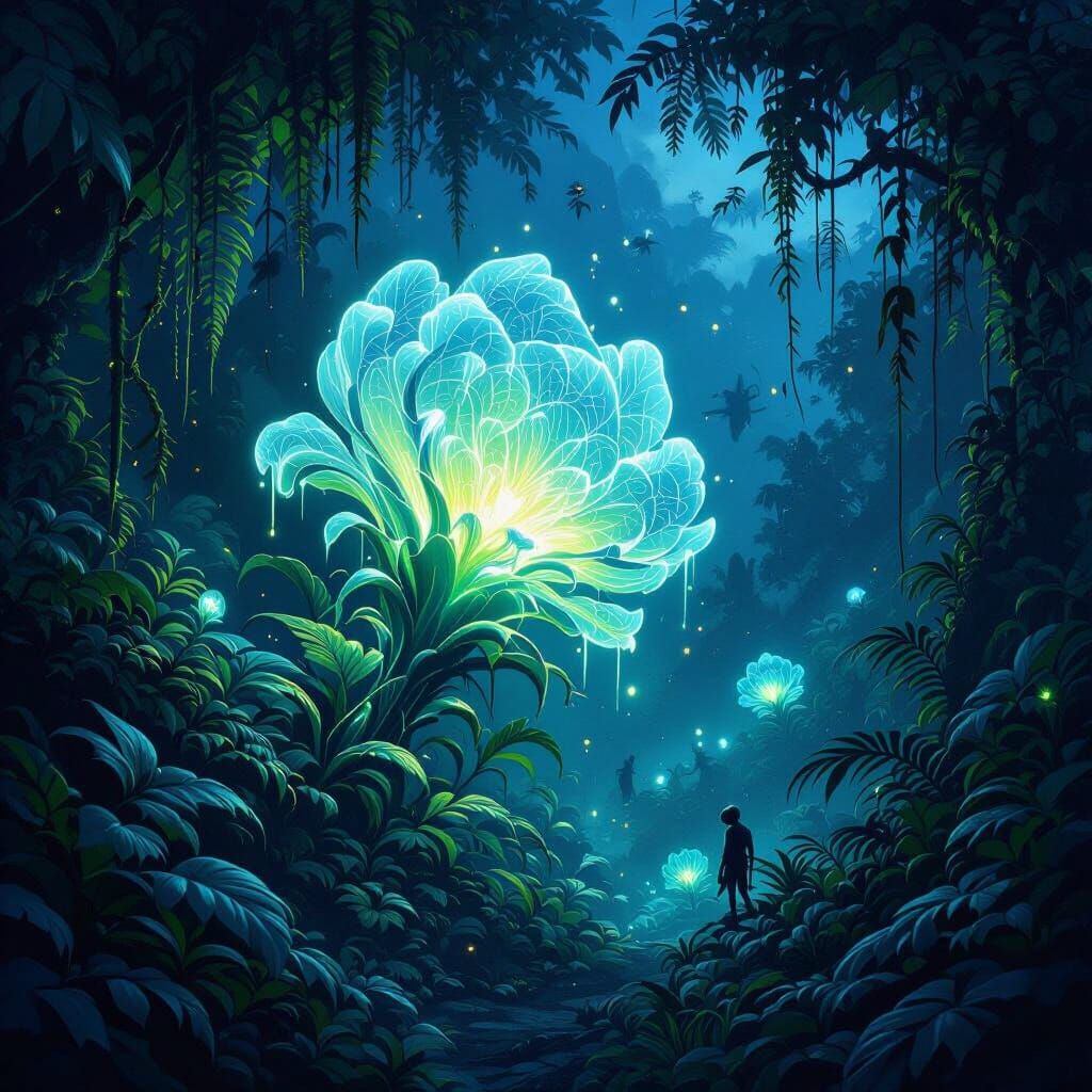 Bioluminescent Flora in Alien Jungle at Twilight