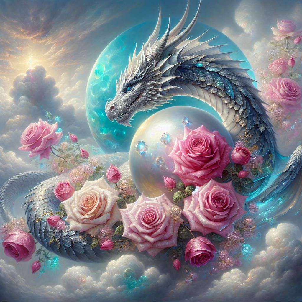 Dragon Enclosed in Pearlescent Orb with Roses