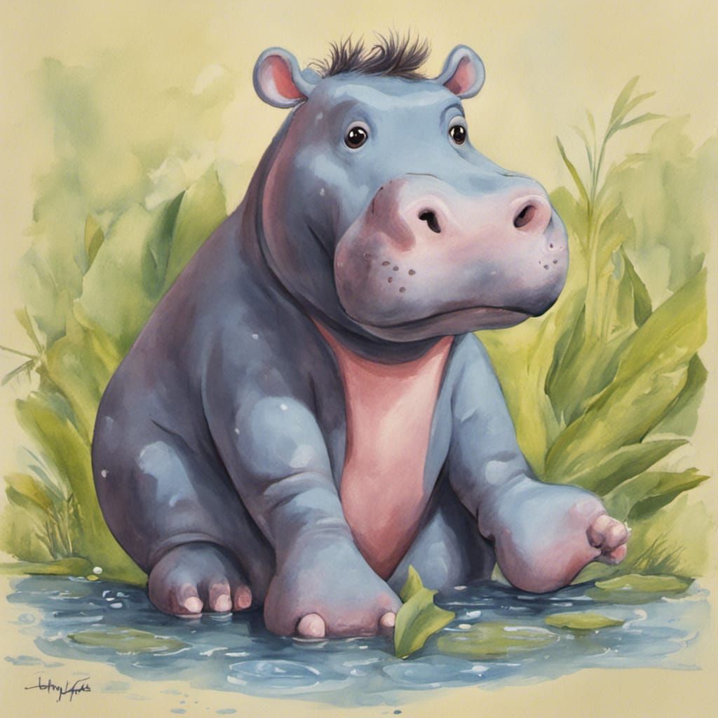 Cute Hippo Character in Gouache Style