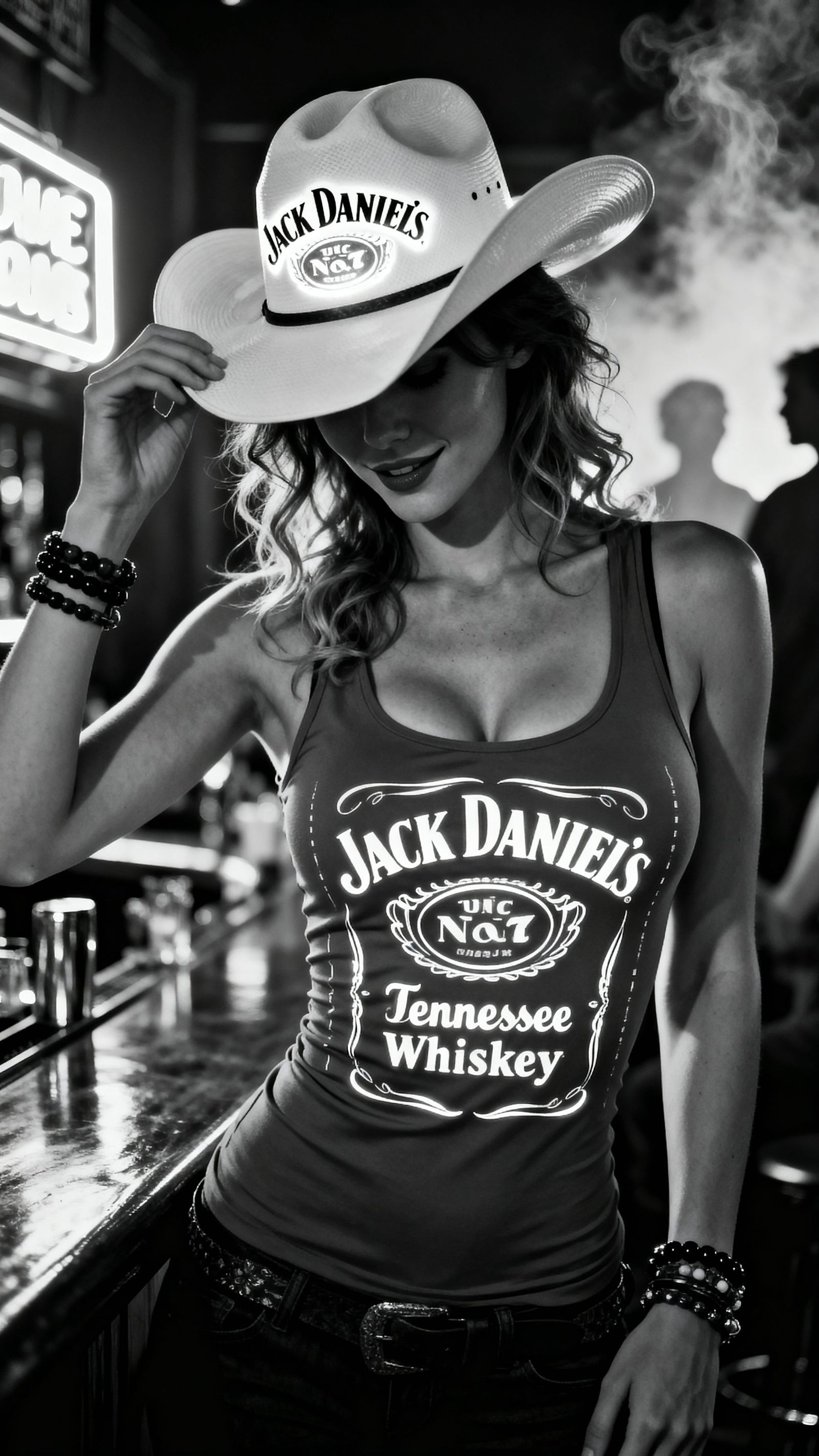 Woman in Neon Nightlife with Cowboy Hat