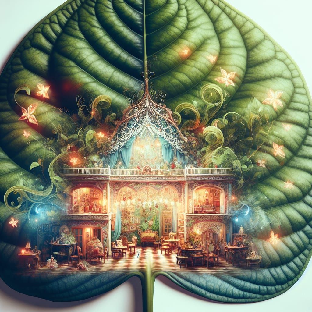 Dreamy Double Exposure of a Giant Leaf and Miniature Doll Ho...