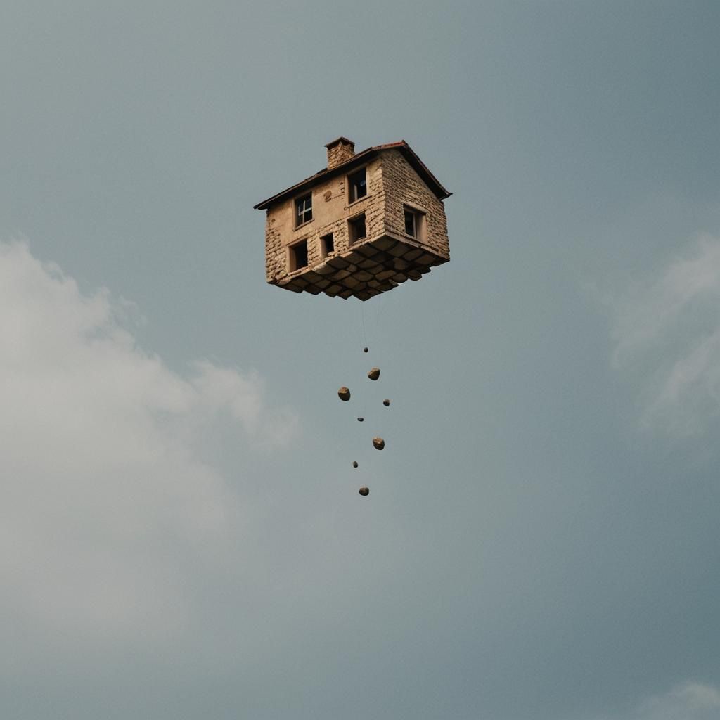 Stone Floating Above House: Surreal Composition