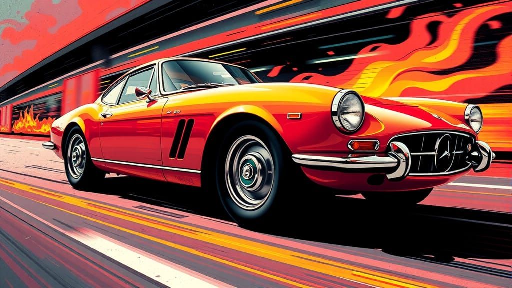 Vibrant Pop Art Sports Car in High-Speed Motion