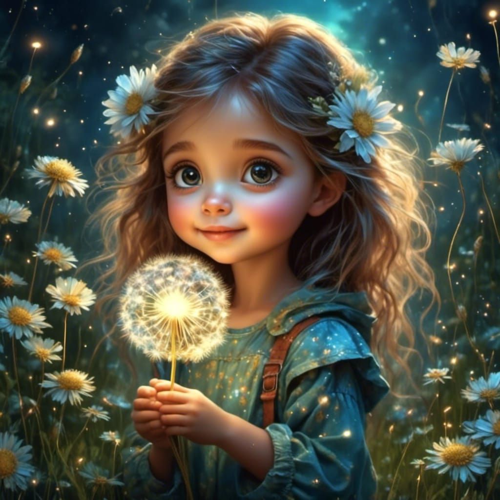 Cute Girl with Glowing Dandelion in Fantasy World